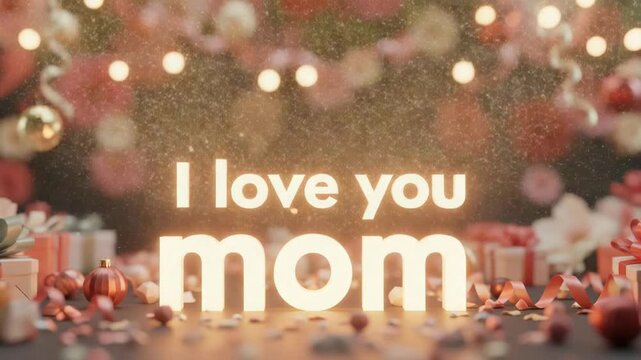 Glowing I Love You Mom Text with Festive Gifts and Glitter - Powered by Adobe
