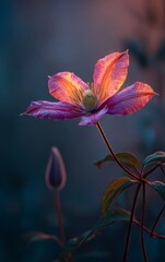 Stunning close-up of vibrant clematis flower showcasing delicate petals and soft glow on a blurred background