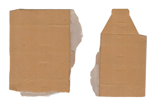 Two pieces of torn brown cardboard isolated on transparent background, top view