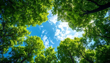 Lush green trees canopy upward view