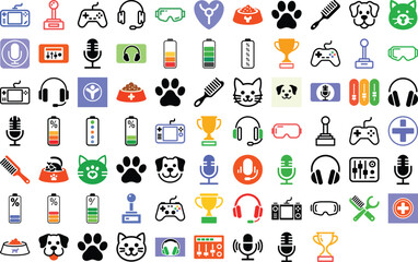 Fototapeta premium Engaging vector icons for gaming, pets, audio, and healthcare needs, perfect for websites, apps, and creative designs with a modern, vibrant aesthetic