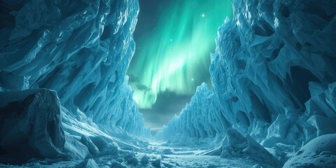polar vortex A breathtaking icy canyon illuminated by vibrant auroras, showcasing a surreal, otherworldly landscape filled with towering crystal formations.