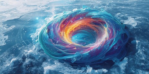 polar vortex Colorful abstract swirl resembling a nest, set against a textured background, evoking a sense of depth and movement in a vibrant, artistic style.