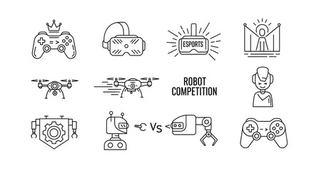Innovation Showdown: A collection of innovative technology icons illustrates a futuristic robot competition, showcasing a fusion of creativity, tech, and the thrill of the digital realm.