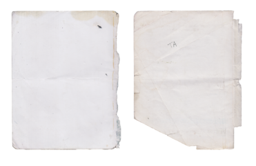 Two old white paper sheets isolated on transparent background with rough edges