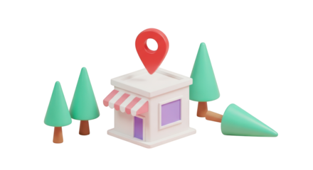 3D Cartoon Storefront with Location Pin and Trees Keywords: 3D, cartoon, store, shop, building isolated on a transparent background