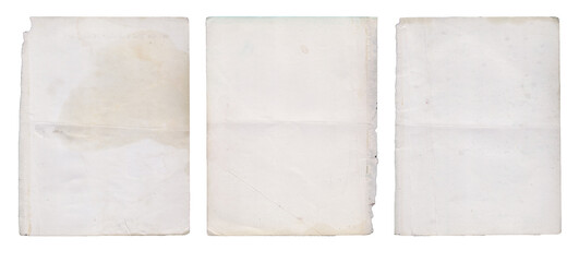 Three old blank sheets of paper isolated on transparent background