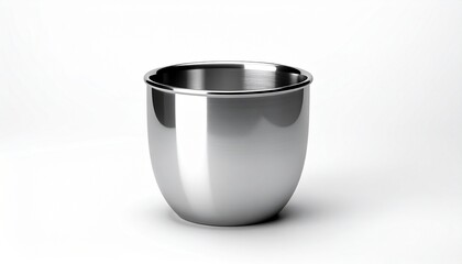 Metallic stainless steel cup, smooth reflective surface, cylindrical shape on white background.