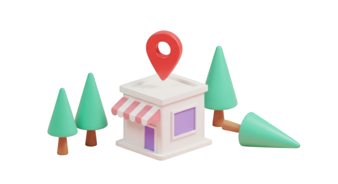 3D Cartoon Storefront with Location Pin and Trees Keywords: 3D, cartoon, store, shop, building isolated on a transparent background