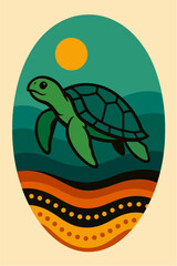 Sea Turtle Over Ocean Waves Oval Emblem Retro Mid Century Marine Illustration