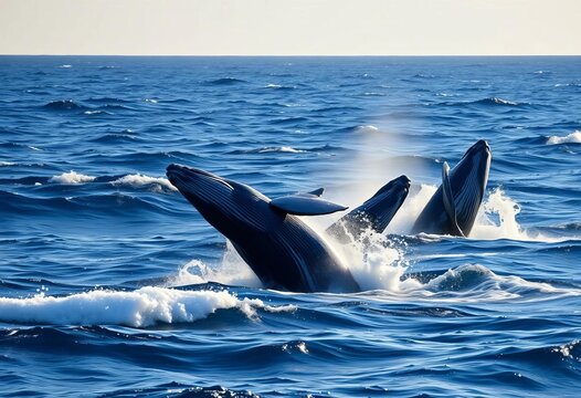 A pod of whales breaching in the ocean, sunlit waves,   cetacean,   sperm whale