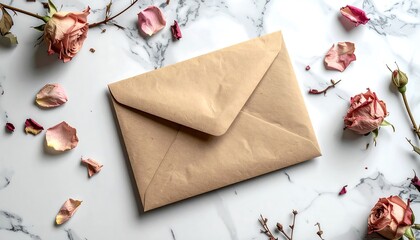 Beige envelope on marble with dried roses