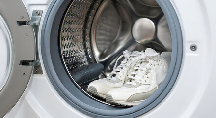 Clean white sneakers ready for washing inside a modern washing machine drum, bringing freshness back to footwear.