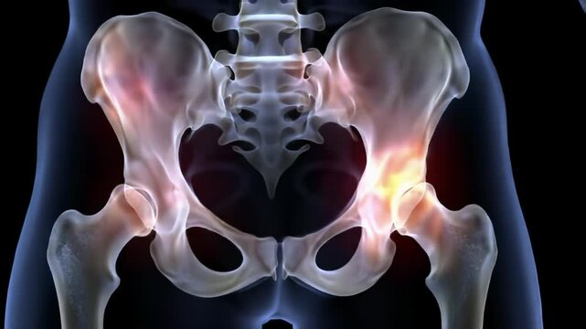 Hyper-realistic 3D rendered human skeletal hip and pelvis video, translucent blue x-ray view, pulsating red/orange glow, against black background. Concept of medical pain and inflammation