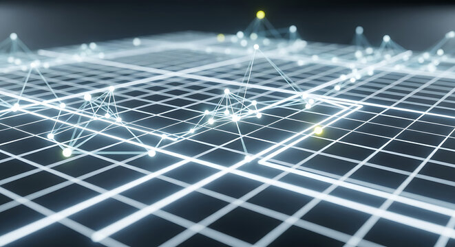Abstract white glowing blockchain network grid