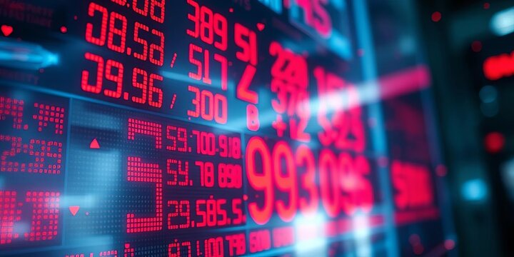 Chaos on a stock ticker, red numbers dominate, down, graph