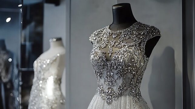 Elegant silver dress on a mannequin in a glass display case in museum