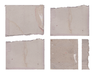 Collection of torn beige paper pieces isolated on transparent background