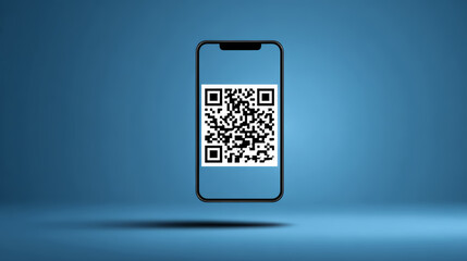 Smartphone displaying large QR code centered on screen with minimalist blue background and soft shadow, modern contactless technology concept