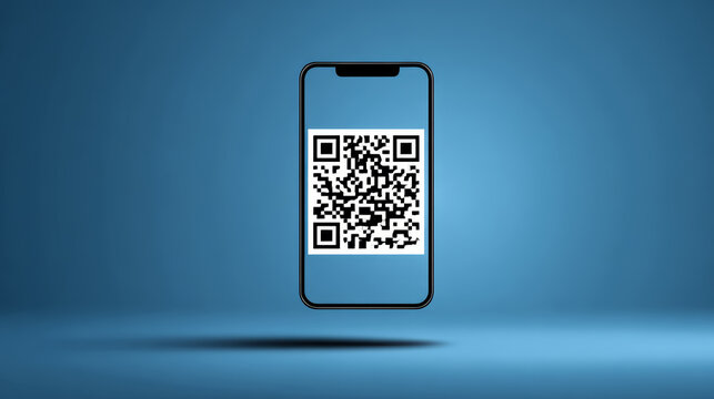 Smartphone displaying large QR code centered on screen with minimalist blue background and soft shadow, modern contactless technology concept