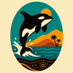 Orca Jumping By Tropical Island Oval Retro Mid Century Ocean Wildlife Illustration