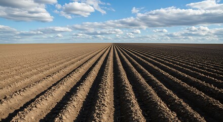 Furrowed field under cloudy sky agricultural landscape imagery
