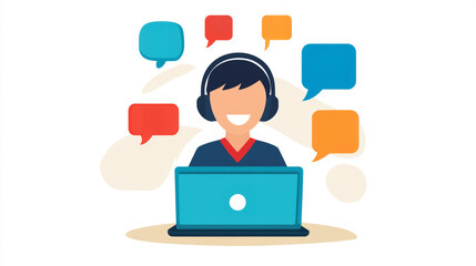 Customer support representative with headset smiling at laptop while chat messages appear, friendly virtual assistance and communication