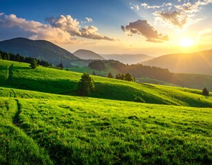 Lush green valley at sunset