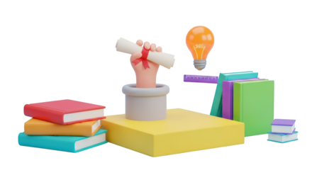 3D Education Concept with Hand Holding Diploma, Books and Light Bulb graduation isolated on a transparent background
