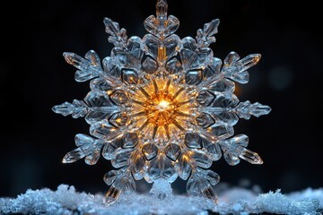 Glowing star illuminates delicate snowflake.