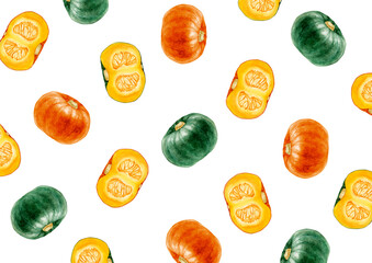 かぼちゃ　野菜　背景 模様　水彩 イラスト