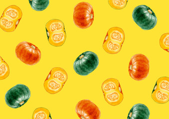 かぼちゃ　野菜　背景 模様　水彩 イラスト