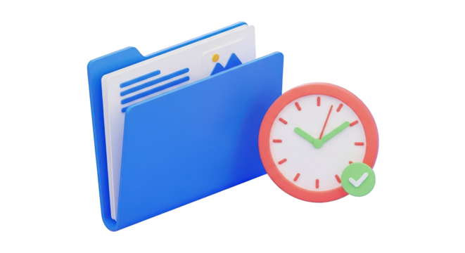3D Folder Icon with Clock and Checkmark on Transparent Background document time isolated on a transparent background