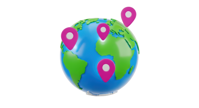 3D Globe with Pink Location Pins earth world isolated on a transparent background