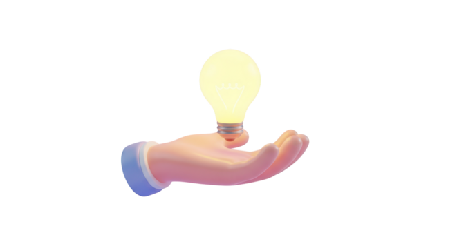 3D Hand Holding a Glowing Light Bulb Isolated on Transparent Background idea isolated on a transparent background