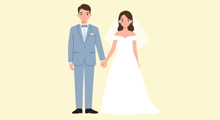 Fototapeta premium A happy bride and groom in wedding attire holding hands.