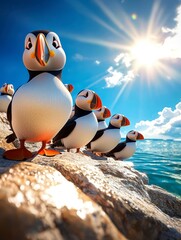 Adorable Puffins on a Sunny Cliffside.