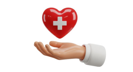 3D Hand Holding a Red Heart with Medical Cross graphic design isolated on a transparent background