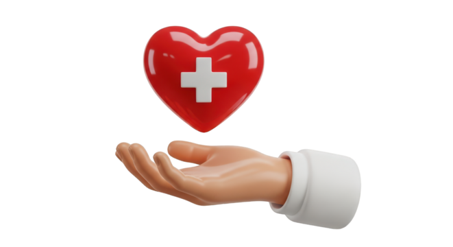 3D Hand Holding a Red Heart with Medical Cross graphic design isolated on a transparent background