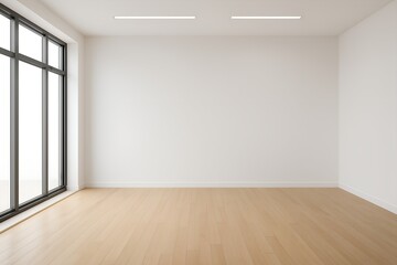 Empty room with large windows and light wood floor ready for interior design and decoration
