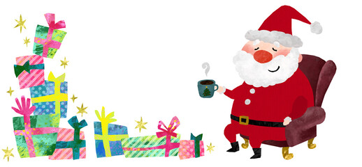たくさんのプレゼントとコーヒーを飲んで一休みするサンタクロースのクリスマスイラスト素材
