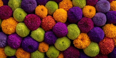 Colorful Arrangement of Textured Decorative Pom Poms in Vibrant Shades of Purple, Orange, Green, and Yellow for Creative Projects