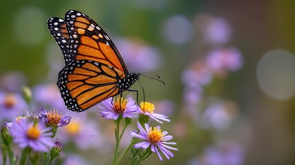 Fototapeta premium Detailed close-up of monarch feeding on tiny violet flowers — vibrant orange and black wings on purple blossoms with soft bokeh, ideal for presentations, social headers, and eco campaigns, ecology c