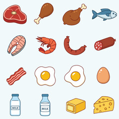 Assortment of Illustrated Food Items and Ingredients.