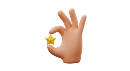3D Hand Showing a Golden Star gesture okay isolated on a transparent background