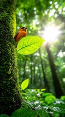 Orange Bird in Lush Green Forest with Sunbeams.