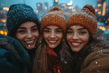 girls in winter hats smiling at the camera.