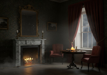 halloween background in haunted victorian parlor with fireplace