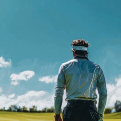 Golfer gazes at a vibrant sky