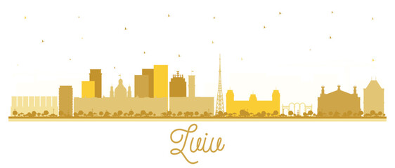 Lviv Ukraine City Skyline silhouette with golden Buildings isolated on white. Illustration. Lviv Cityscape with Landmarks. Business Travel and Tourism Concept with Historic Architecture.